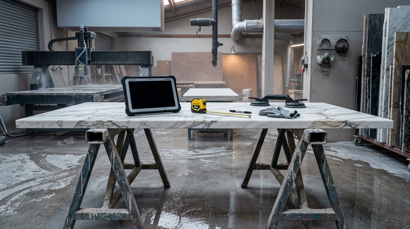 Australian stone fabrication workshop — Calacatta slab on steel trestles with a rugged tablet, CNC bridge saw and slab racks behind