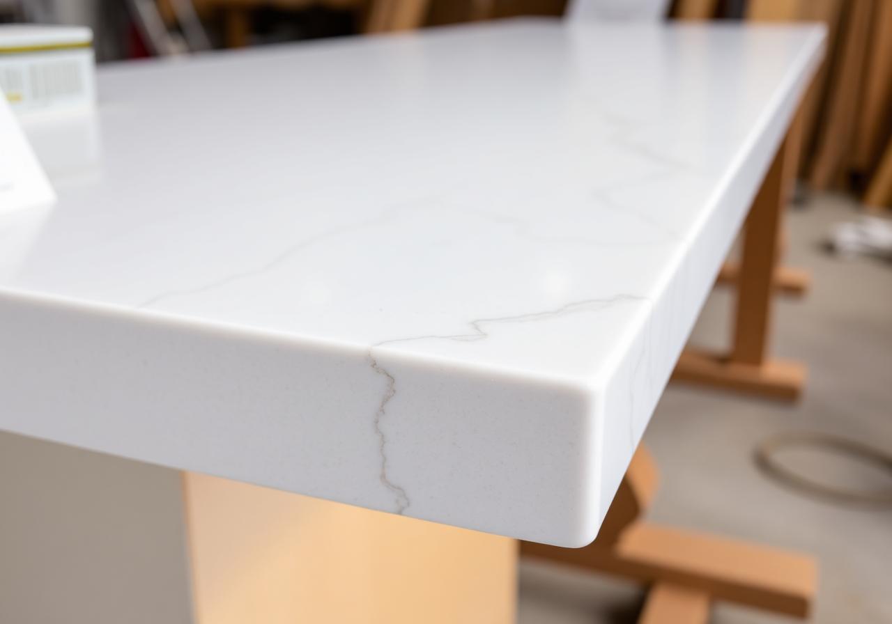 Polished mitred edge on a Calacatta-look porcelain benchtop in a workshop