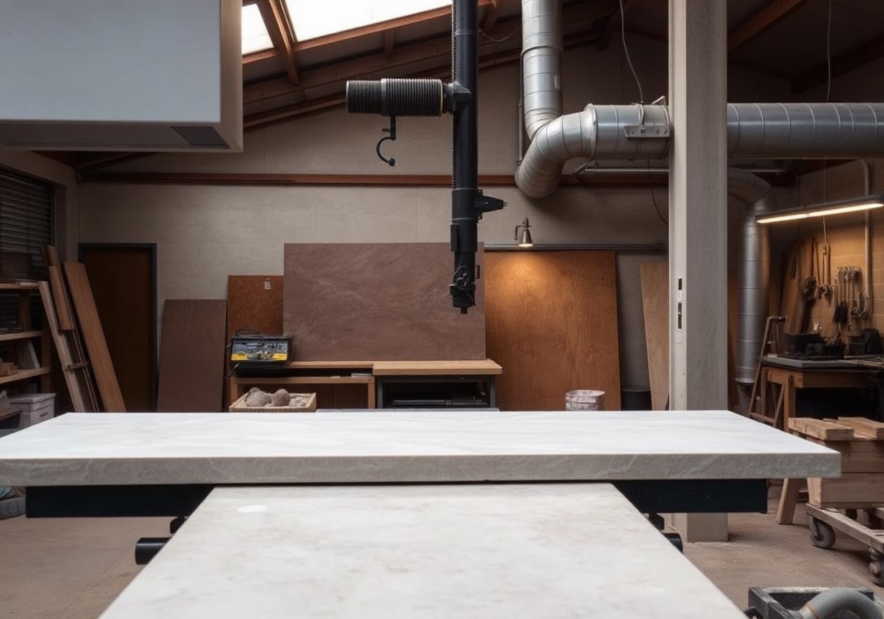 Inside a stone fabrication workshop — slab on a bridge saw